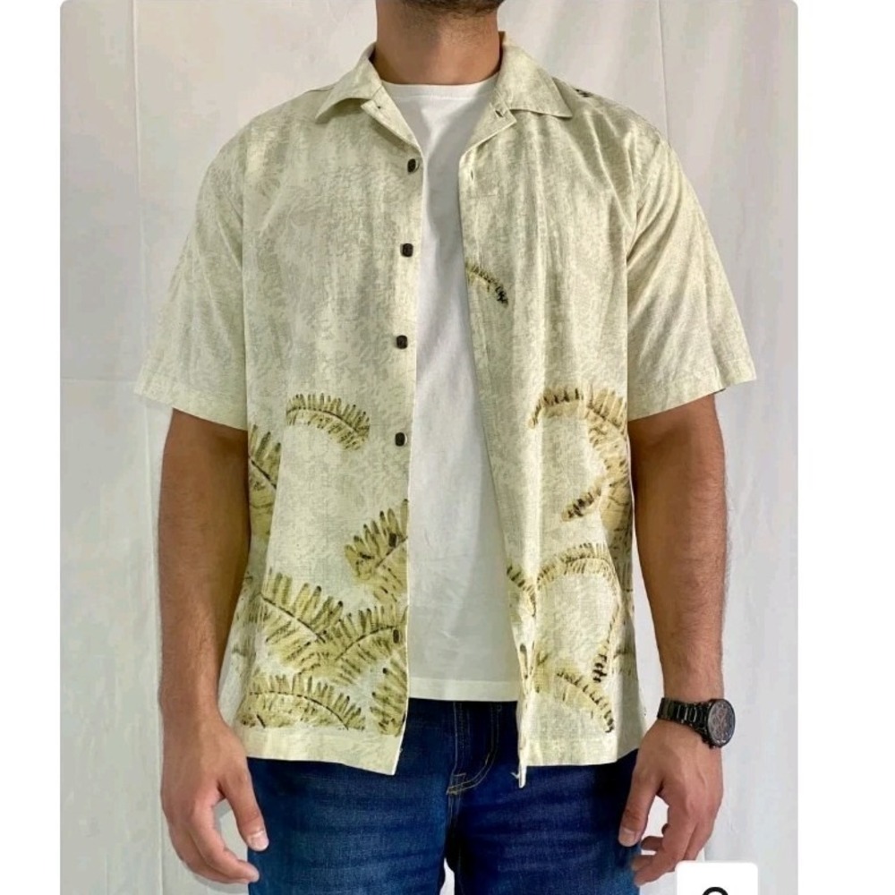 Vintage IZOD Shirt Mens XL Cream Tropical Fern Print Golf Silk Hawaiian XL